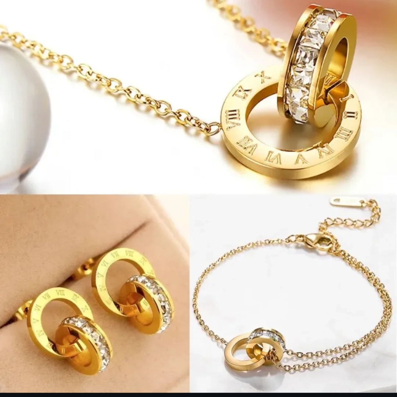 Golden Elegance Collection – Roman Numeral Jewelry Set | Necklace, Bracelet & Earrings | Premium Crystal Accents