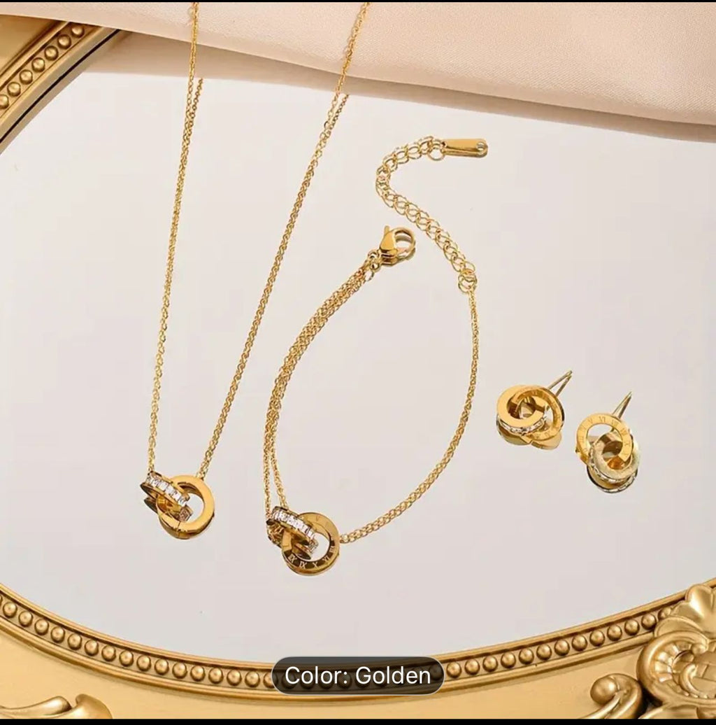 Golden Elegance Collection – Roman Numeral Jewelry Set | Necklace, Bracelet & Earrings | Premium Crystal Accents