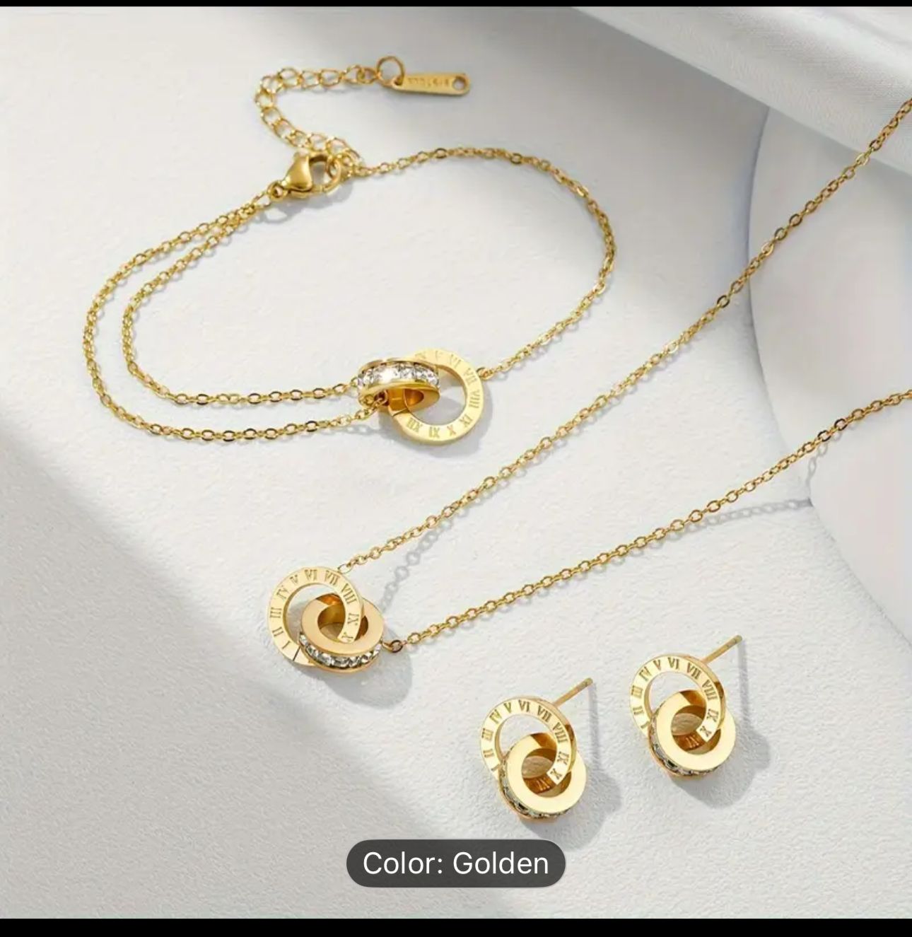 Golden Elegance Collection – Roman Numeral Jewelry Set | Necklace, Bracelet & Earrings | Premium Crystal Accents