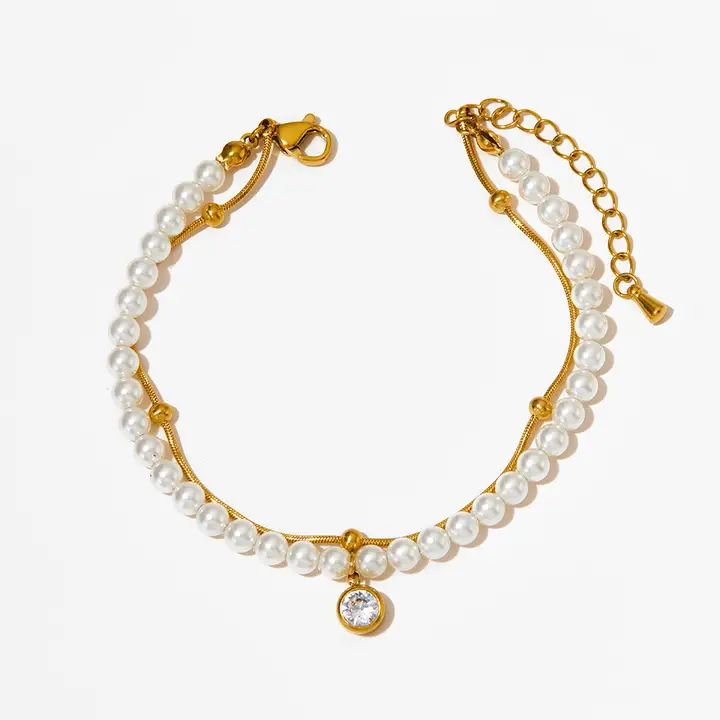 tainless Steel Double Layer Pearl Anklet – Elegant & Trendy