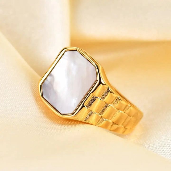Vintage White Square Stainless Steel Ring – Elegant Statement Piece