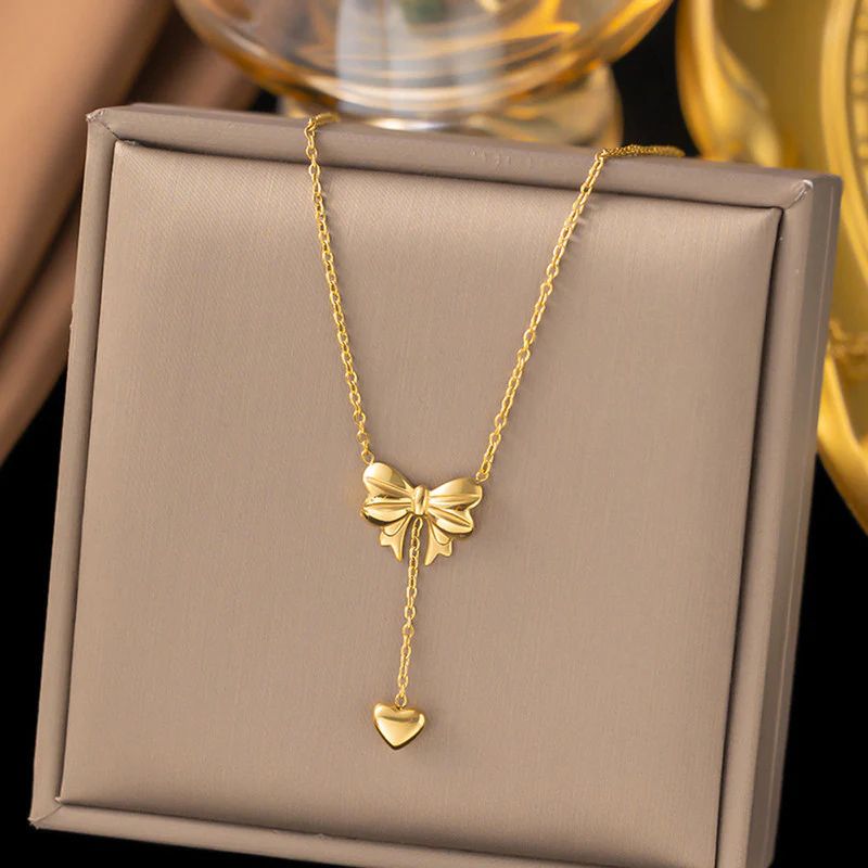 Stainless Steel Bow Heart Necklace – Elegant & Trendy