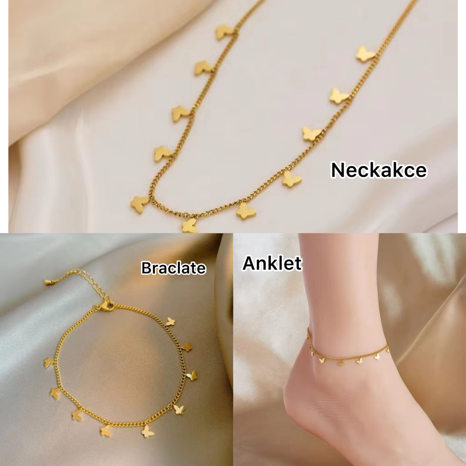 Stainless Steel Butterfly Jewelry Set – High Quality 3 Pcs Combo (Necklace, Bracelet & Anklet)