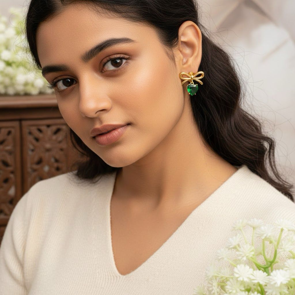 Stainless Steel Emerald Bow Zarkoon Studs – High Quality