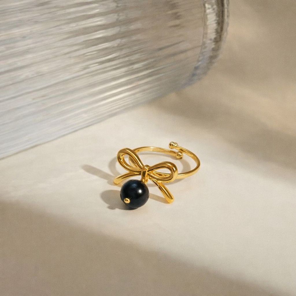 Stainless Steel Bow Black Pearl Ring – Adjustable | High Quality