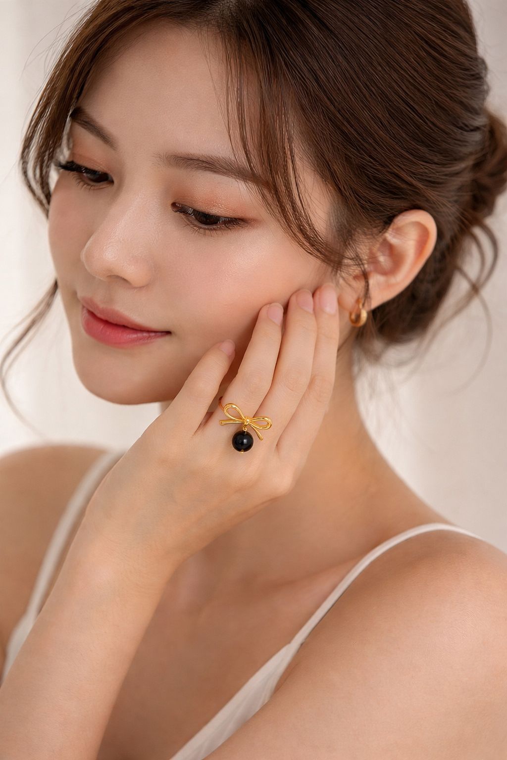 Stainless Steel Bow Black Pearl Ring – Adjustable | High Quality