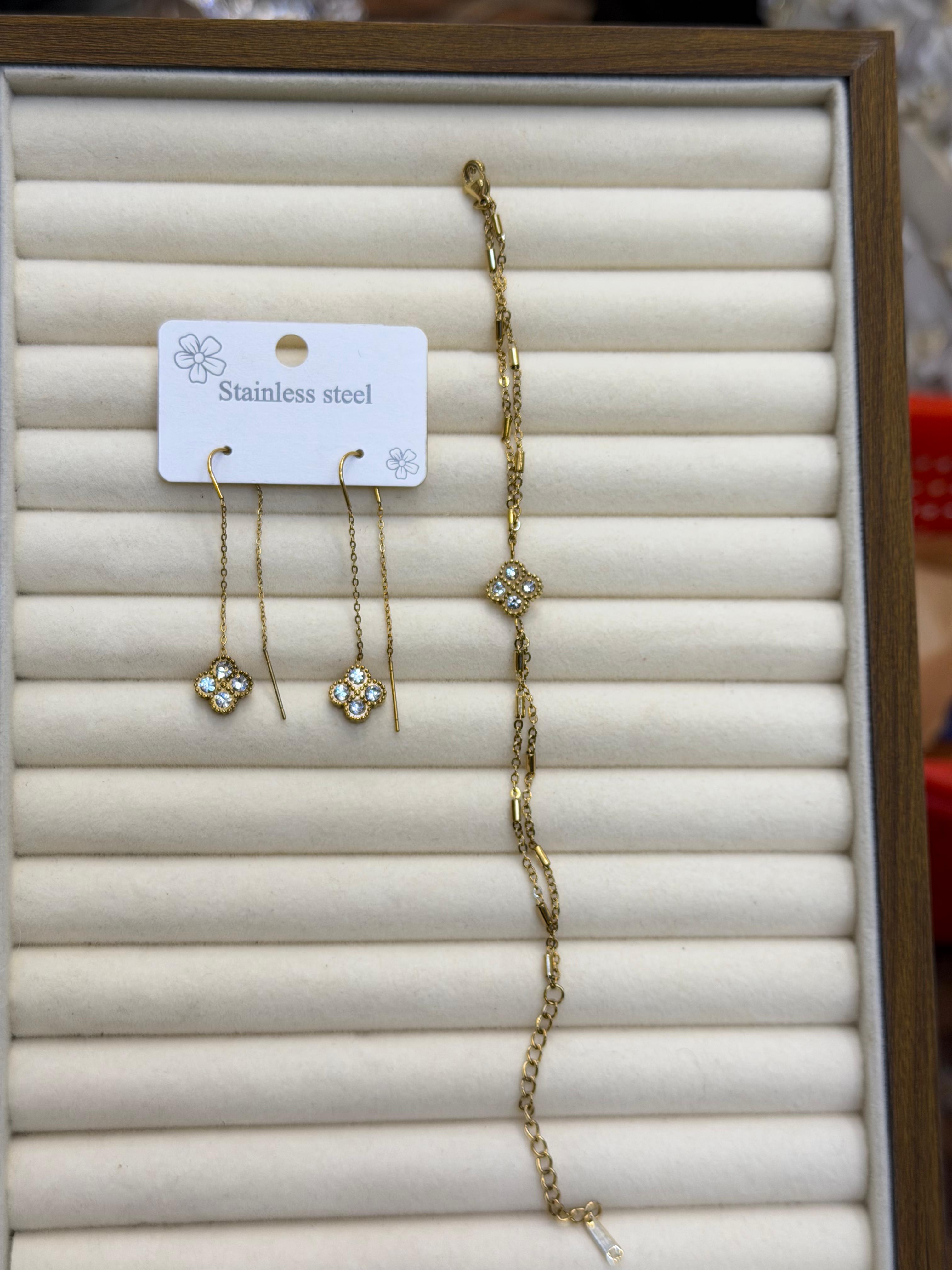 Luxury Clover Stainless Steel Jewelry Set – 316L Premium Earrings & Bracelet